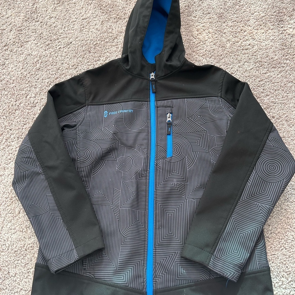 Free Country Black and Blue Patterned Performance Jacket w Hood Size L Youth